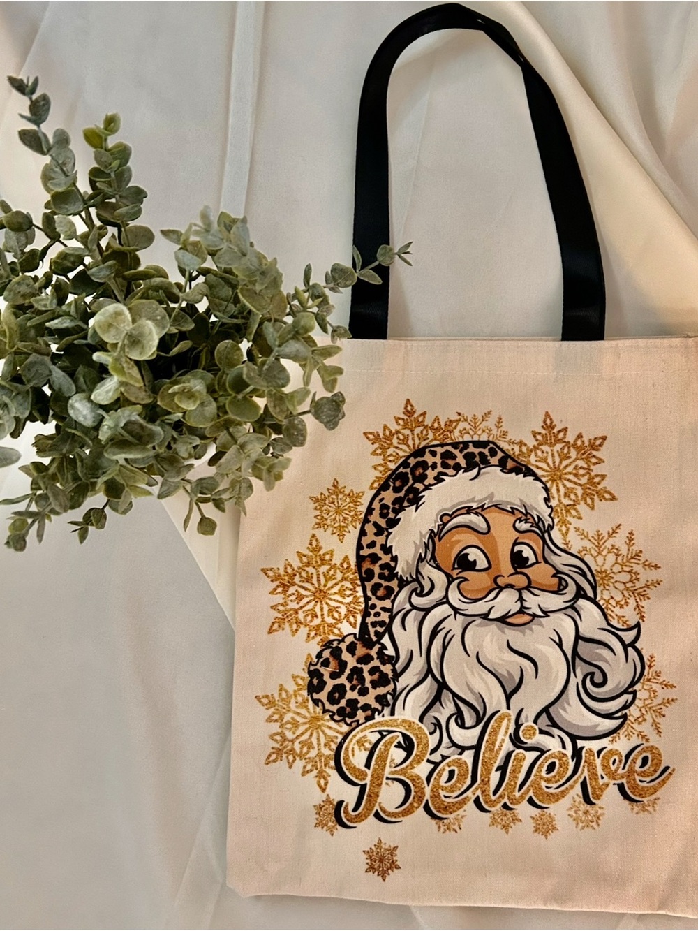 Holiday 'Believe' Tote Bag with Leopard Santa - Beige and Black